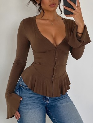 Bodycon V Neck Flare Long Sleeve Tshirts