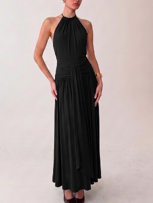 Pleated Lace Up Halter Sleeveless Dress