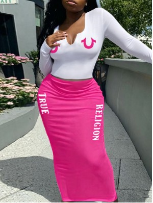 Letter Printed Long Sleeve Cropped Skirt Sets