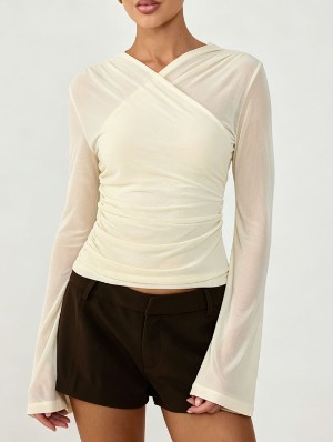 Ruched V Neck Sheer Long Sleeve Tops