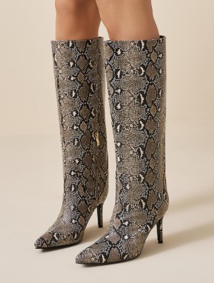 Snake Print Pointed Slim Heel Boots
