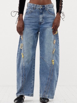 Metal Decor Washed Denim Barrel Jeans