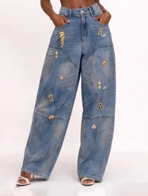 Washed Denim Metal Button Decor Barrel Jeans