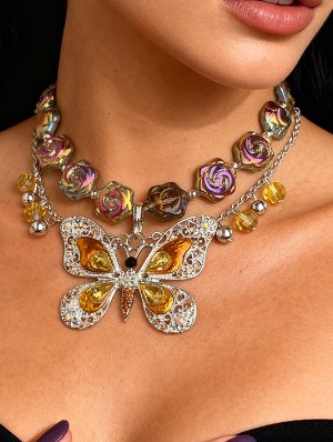 Butterfly Rose Metal Decor Vintage Necklaces