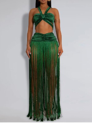 Satin V Neck Twist Cropped Fringe Skirt Sets