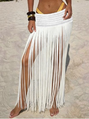 Solid Crochet Fringe Split Hem Skirts