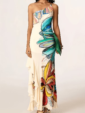 Floral One Shoulder Ribbons Maxi Dress