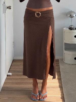 Metal Decor Solid Color Elegant Maxi Skirts