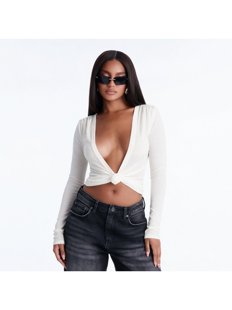 Wholesale Deep V Neck Twist Cropped Long Sleeve Tops MTP082818