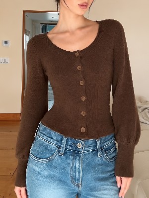 Retro Puff Sleeve Waist Cinching Short Knit Cardigan