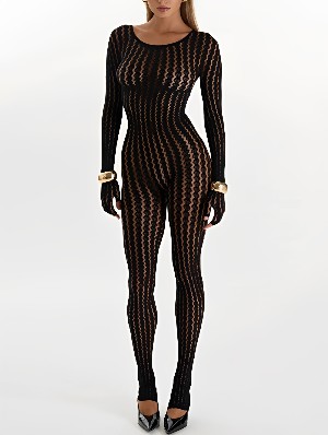 Sexy Sheer Striped Long Sleeve Seamless Jumpsuit