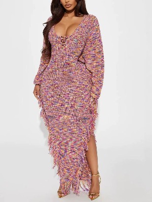 Ripped Knitting V Neck Fringe Maxi Dress
