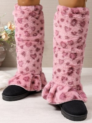 Fluff Leopard Ruffle Thigh-High Boots