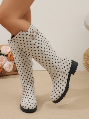 Polka Dot Belt Buckle Knee-High Boots