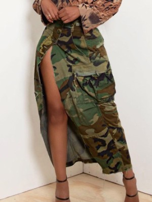Washed Camo Split Hem Cargo Skirts