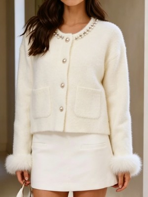 Faux Pearl Fur Trim Button Up Coats