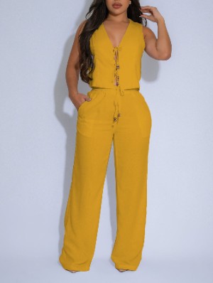 V Neck Tie-wrap Cropped Loose Pant Sets