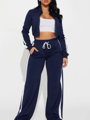 Striped Trim Cropped Zipper Coat Pant Sets