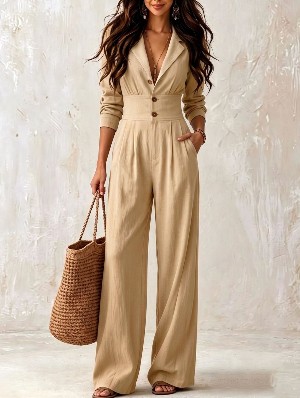 Long Sleeve Shirt Straight Leg Jumpsuits