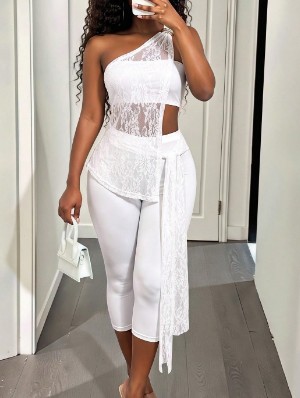 Lace Panel Sheer One-shoulder Capri Pants Sets