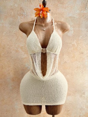 Crochet Deep V Neck Halter Backless Mini Dress