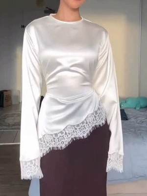 Lace Panel Asymmetrical Long Sleeve Tops