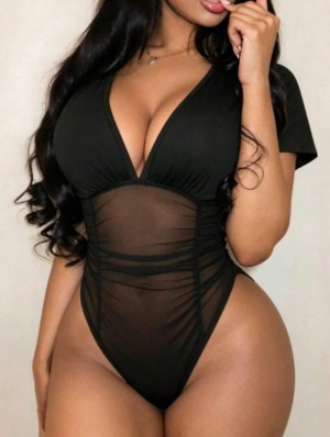 Deep V Neck Fitted Gauze Sheer Bodysuits