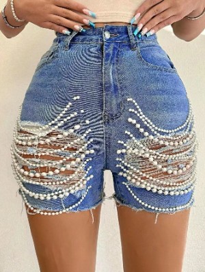 Faux Pearl Chain Ripped Denim Shorts