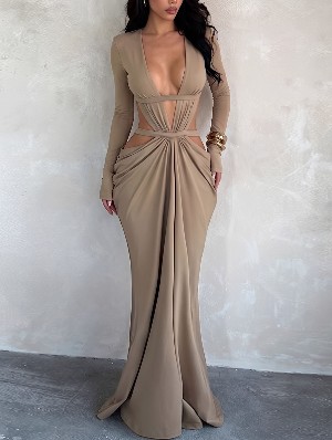 Backless Deep V Neck Long Sleeve Maxi Dress
