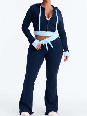 Contrast Trim Zipper Hooded Tracksuit Set