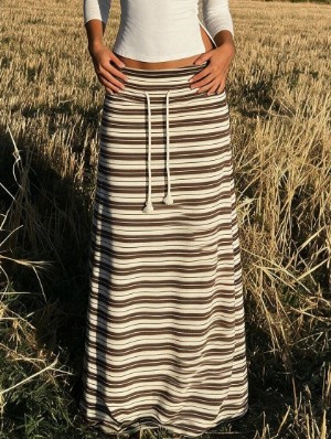 Striped Trim Drawstring Slim Midi Skirt