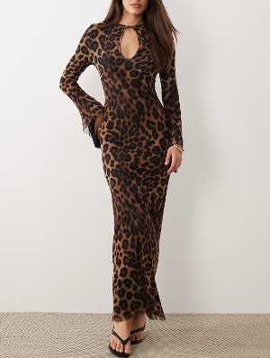 Leopard Gauze Trumpet Sleeve Maxi Dress