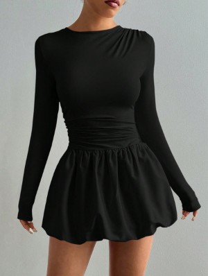 Ruched Long Sleeve Bubble Mini Dress