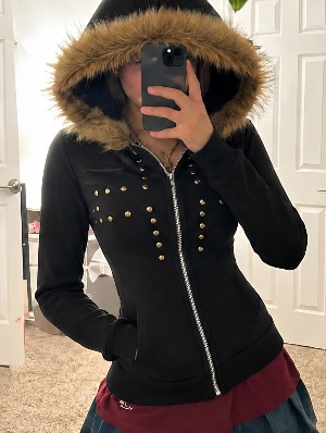 Furry Hem Hooded Long Sleeve Grunge Sweatshirts