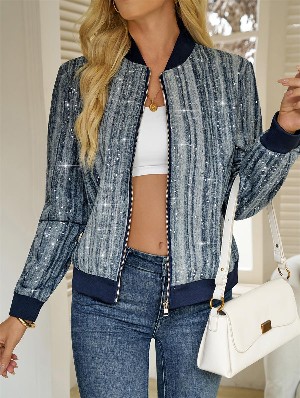 Crewneck Long Sleeve Sequin Zipper Jackets