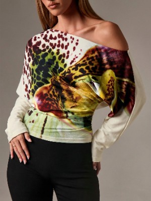 Ruched Floral Inclined Shoulder Tops