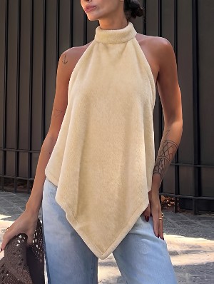Fluffy Halter Sleeveless Open Back Crop Top