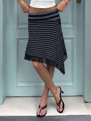 Low Rise Striped Asymmetric A Line Skirt