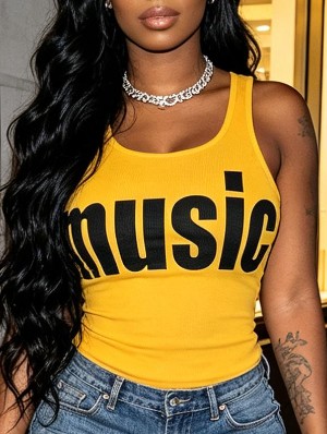 Letter Printed U Neck Bodycon Tanks