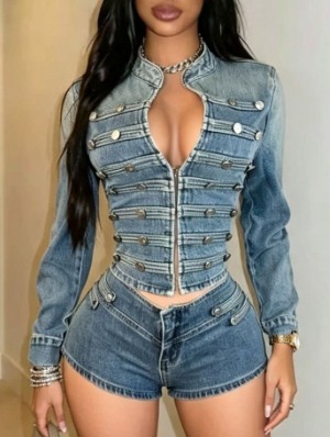 Metal Buckle Denim Jackets Short Sets