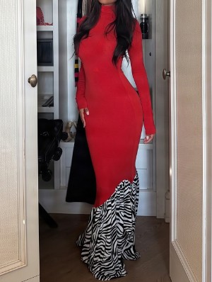 Zebra Turtleneck Long Sleeve Maxi Dress