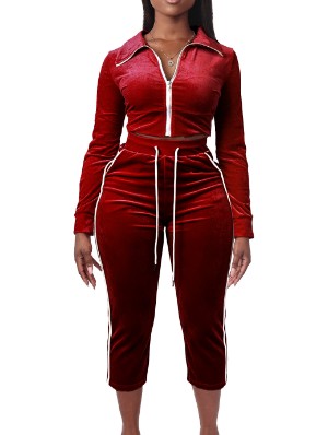 Velour Striped Trim Hooded Capri Pants Sets