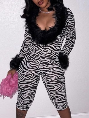 Zebra Fur Trim V Neck Capri Rompers