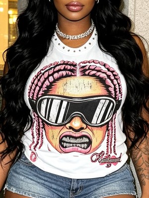 Vintage Cartoon Printed Rivet Loose Tanks