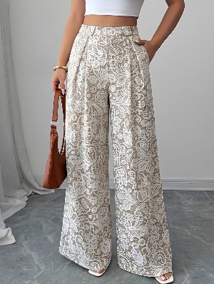Retro Print Wide Leg High Waist Long Pants