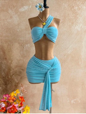 Ruched One Shoulder Ribbons Skirt Sets