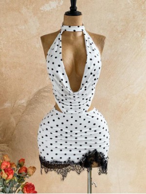 Lace Panel Halter Backless Mini Dress