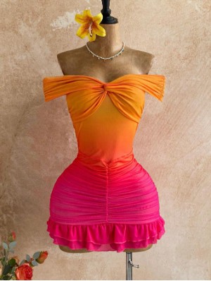 Gradient Ruched Off Shoulder Mini Dress