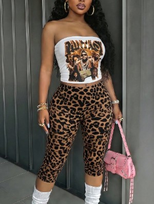Figure Printed Tube Leopard Capri Pants Sets