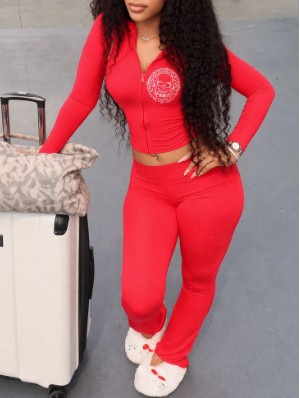 Skull Printed Zipper Hooded Flared Pant Sets